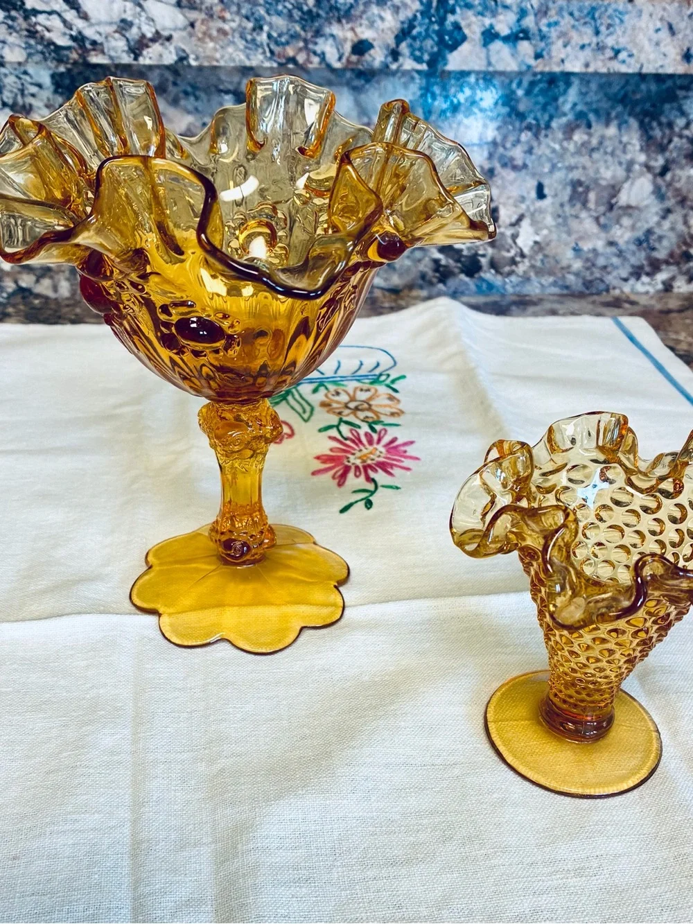 Amber Ruffled Hobnail Compote and Vase - Set